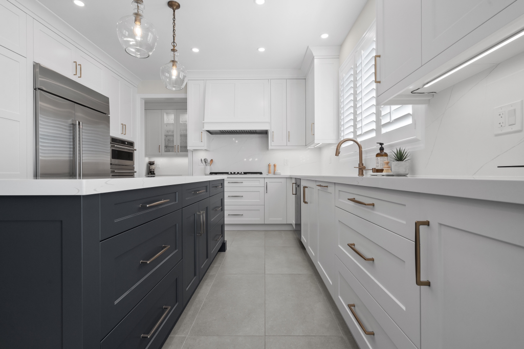 Grey Cabinets with Marble Countertops