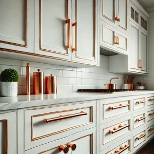 Copper hardware and white cabinets