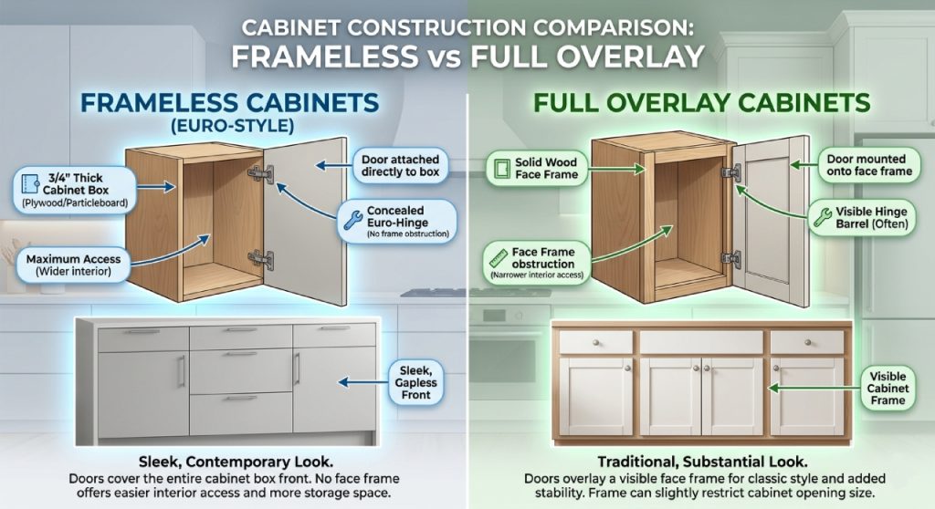 Here is an illustration contrasting Frameless (Euro-style) cabinets with Full Overlay cabinets.