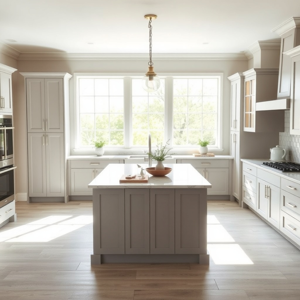 Greige-shaker-cabinets-with-Chrome-hardware-in-Transitional-farmhouse-layouts-kitchen