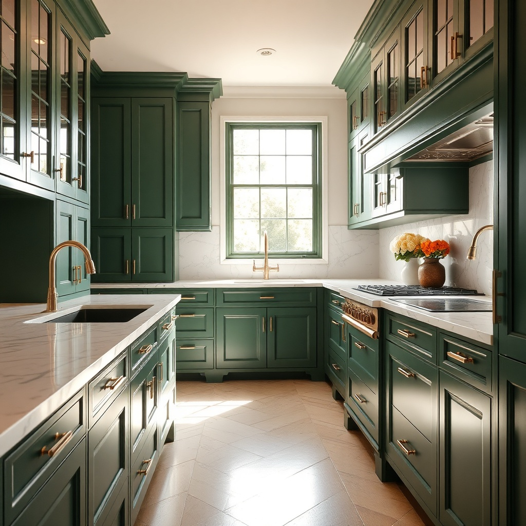 Luxury-Bespoke-Shaker-Kitchens-Forest-green-shaker-cabinets-marble-backsplash-with-antique-brass-handles