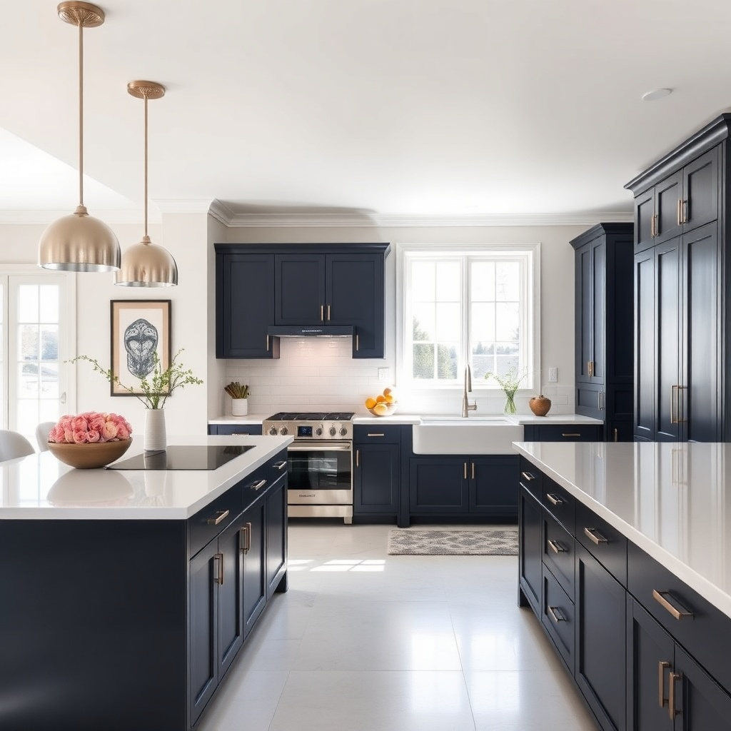 Luxury-Bespoke-Shaker-Kitchens-navy-shaker-cabinets-satin-nickel-hardware