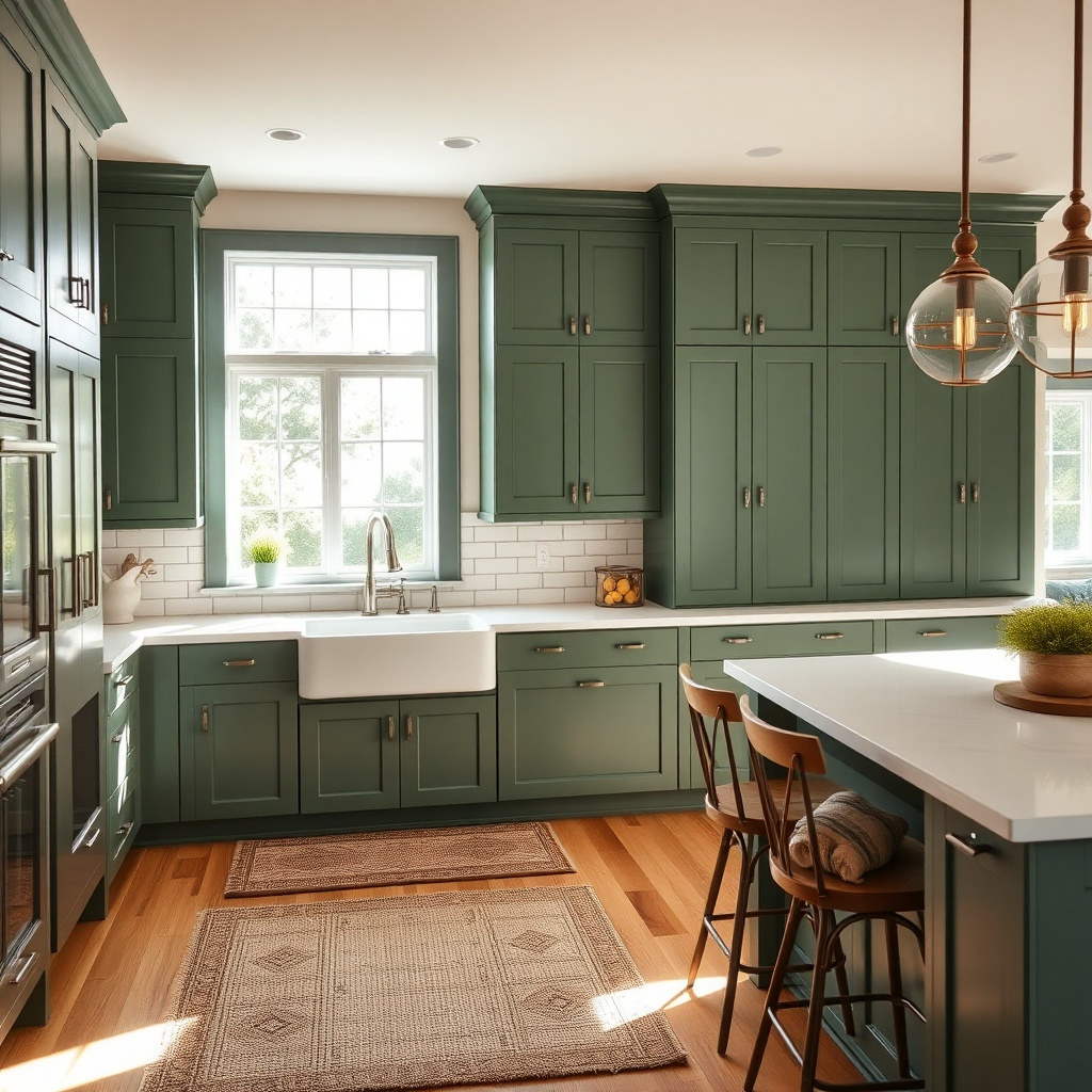 Modern-Shaker-Kitchen-Design-Ideas-Forest-green-shaker-cabinets-with-Brushed-nickel-hardware-in-a-Modern-farmhouse-kitchen