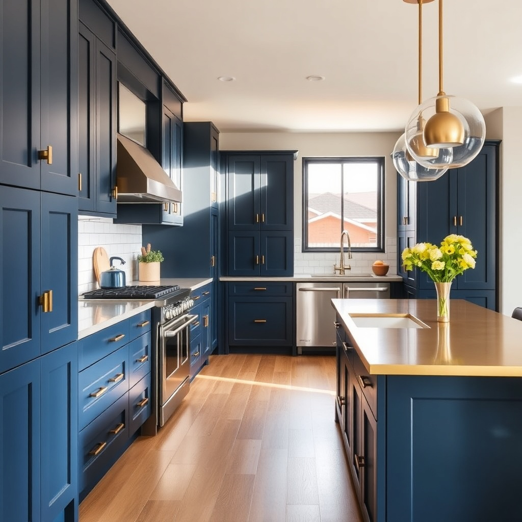 Modern-Shaker-Kitchen-Design-Ideas-Navy-blue-shaker-cabinets-with-Gold-hardware-in-a-Transitional-kitchens