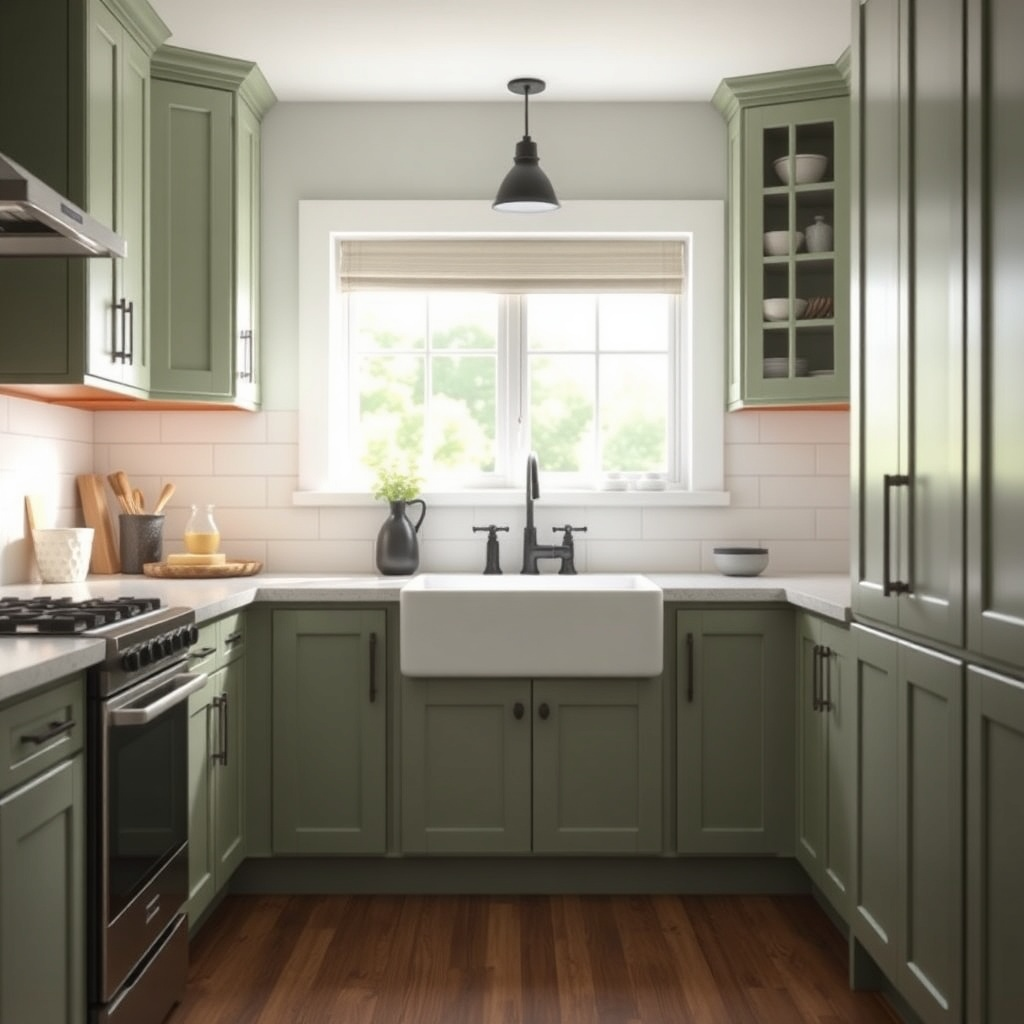 Sage-green-shaker-cabinets-with-Matte-black-hardware-in-Farmhouse-Kitchen