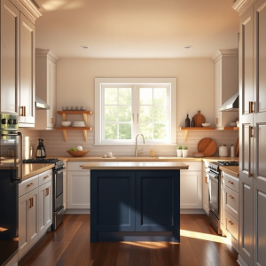 Small-Shaker-Kitchen-Ideas-with-Island-White-Shaker-cabinets-with-Navy-island