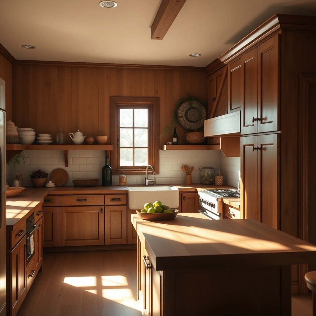 Warm-wood-stain-shaker-cabinets-with-Oil-rubbed-bronze-hardware-in-Farmhouse-Kitchen-with-island